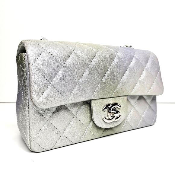 Chanel Rectangular Flap Mini Metallic Goatskin Gray Green Crossbody - Picture 3 of 7